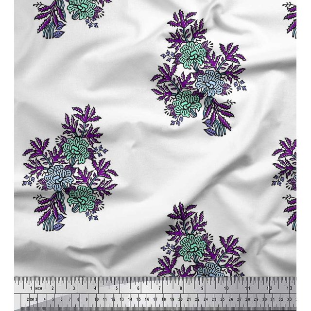 Soimoi Polyester Crepe Fabric Leaves & Floral Block Print Fabric by The Yard 42 Inch Wide