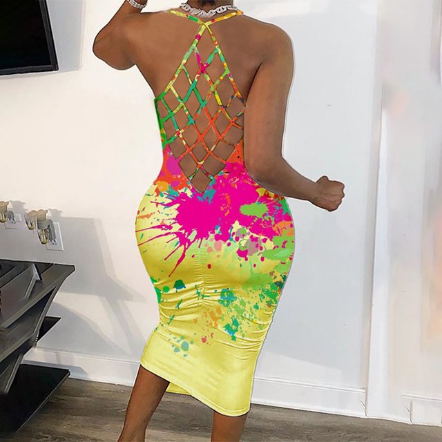 SMihono Robe Maxi Bohème d'Été pour Femmes Grande Taille Mode Femmes Imprimé Couleur Dos Nu Ajourée Col Rond Robe Aguichant Longue Robe Plage Évasée Robe d'Été