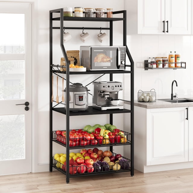 Rustic Microwave Stand, 5-Tier Storage Rack with Adjustable Feet and Anti-Tip Kit, Engineered Wood, Rustic Gray/Rustic Black