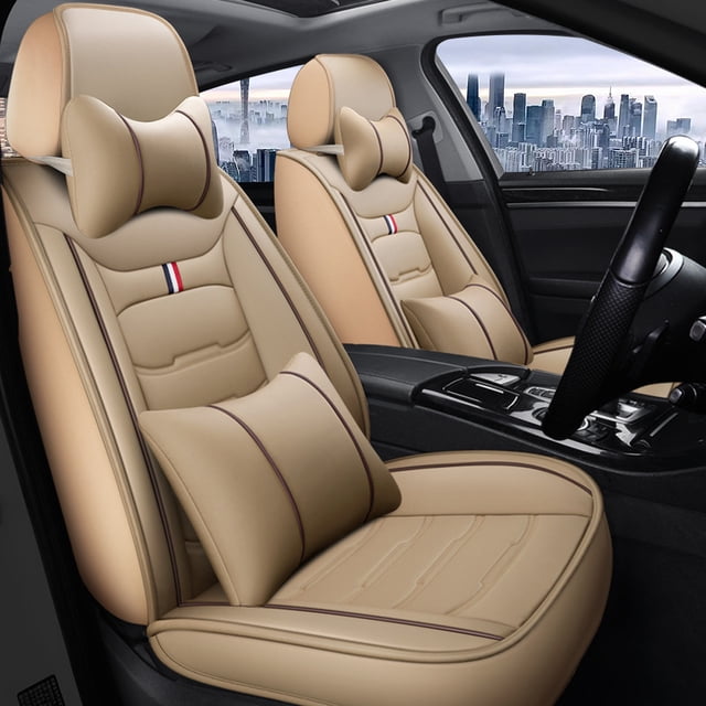 Maidao Car Seat Covers for Hyundai for Elantra 2000-2015 5 Seats Compatible Airbag Leather Waterproof Front Rear Cushion Protector Full Set with Pillows Beige