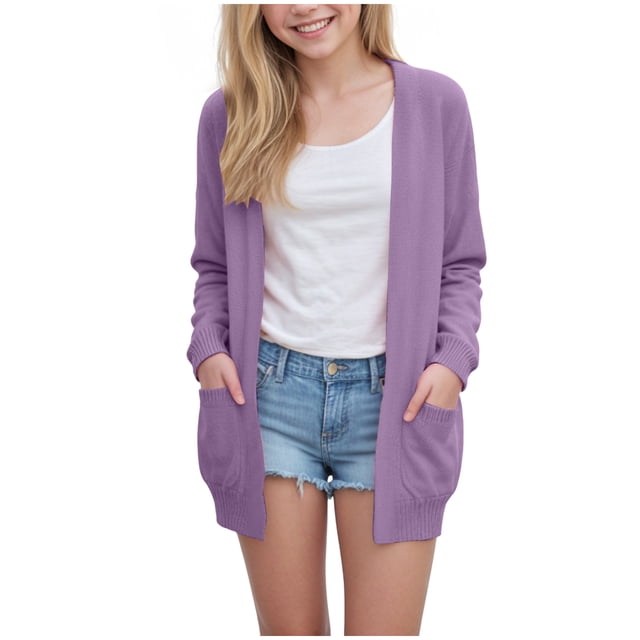 Girls Loose Pocket Knitted Cardigan Sweater Solid Color Casual Jacket