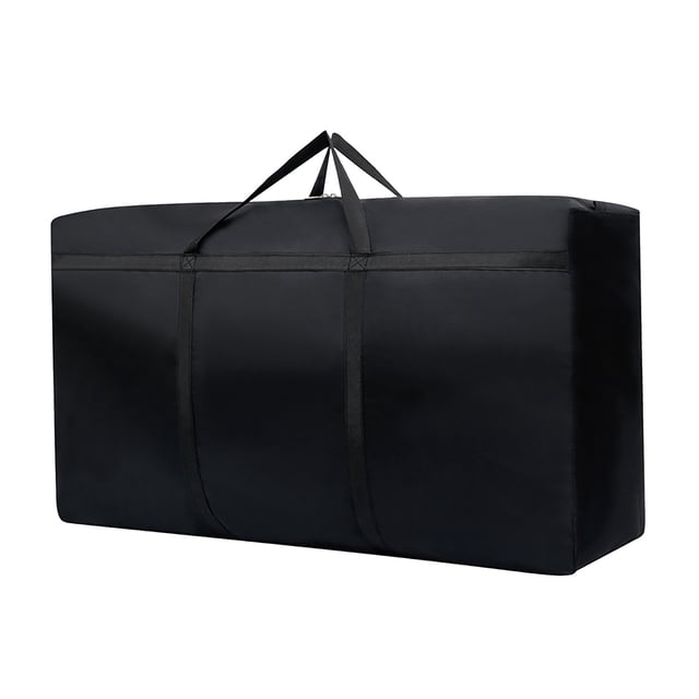 Baby Storage Bag under Bed Mesh Shoe Rack Large Fabric Storage Cubes Clothes Organizer and Storage under Bed Storage Container. Black rectangular storage bag made of durable tear-resistant fabric with double-stitched handles and a smooth double zipper. Ideal for organizing artificial Christmas trees, tree skirts, and holiday decorations. Suitable for under-bed storage. Dimensions: 21L x 14W x 6.5H inches.
