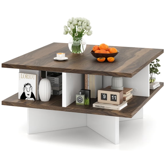 Gymax 2-Tier Square Coffee Table w/ Storage Farmhouse Modern Accent Table Center Table