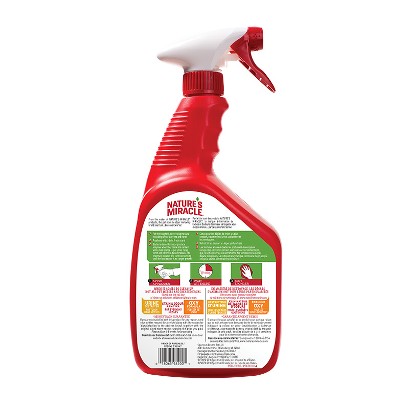 Nature’s Miracle Nettoyant pour taches et odeurs d’animaux – Formule enzymatique, nettoyage rapide pour chiens et chats, format pratique