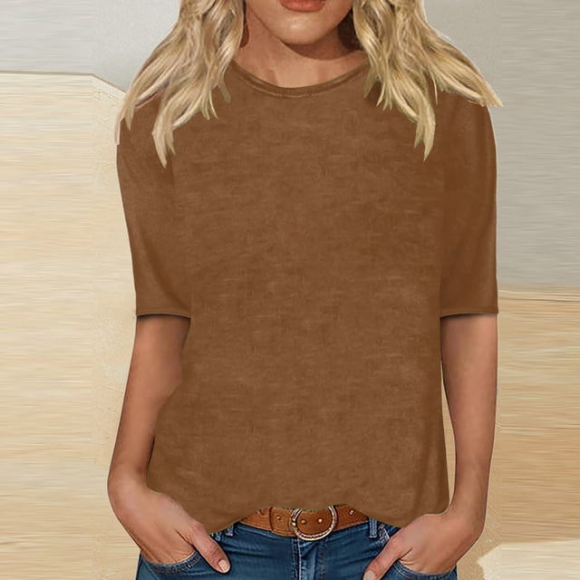 CFLVAEK T-Shirts Classiques à Manches 1/2 pour Femmes, Col Rond Décontracté, Blouse Unie, T-Shirts Confortables pour Dames 2025, Hauts de Sortie