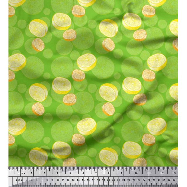 Soimoi Green Velvet Fabric Lemon Slice Vegetable Print Fabric by the Yard 58 Inch Wide