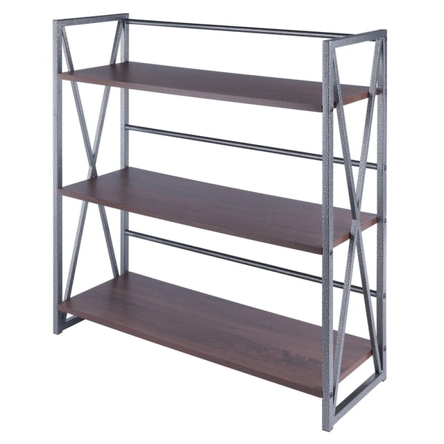 Isa 3-Tier Shelf Graphite and Walnut with three 33-inch wide walnut shelves supported by a textured graphite metal frame featuring X-frame side panels and rear crossbars for stability, plastic footers to protect floors, and included anti-tip hardware, ideal for open storage and display in home spaces.