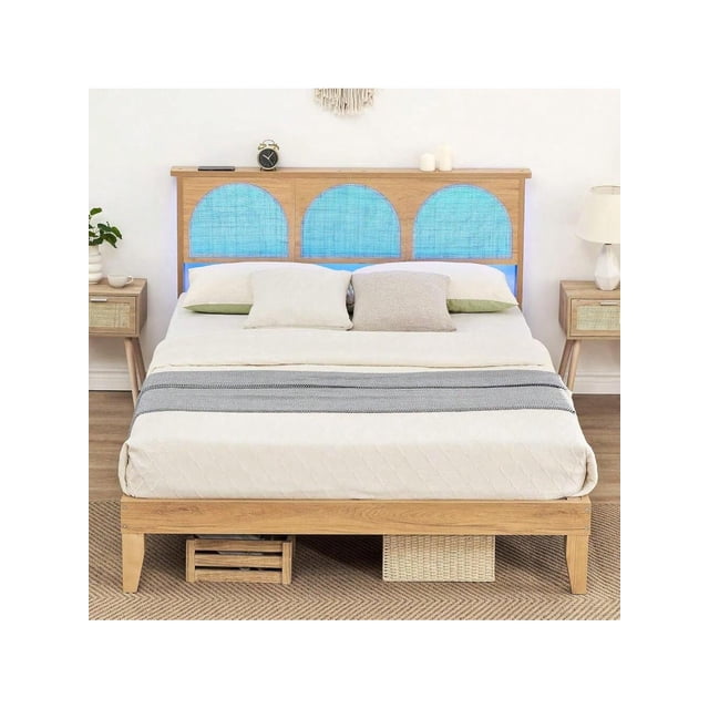 Bingirl Full-Size Bed Frame by Rattan Queen: Featuring LED Light, Storage Headboard, No Box Spring Needed, Easy Assembly, Noise-Free, Ideal for Home Decor