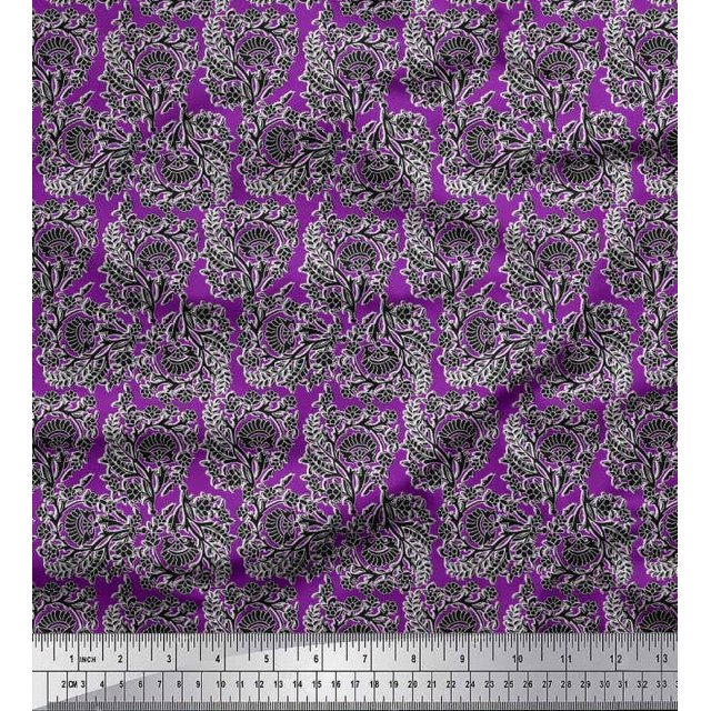 Soimoi Poly Georgette Fabric Leaves & Floral Block Printed Fabric 1 Yard 42 Inch Wide