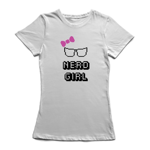 T-shirt Blanc pour Femme Pixel Nerd Girl Glasses Pink Ribbon