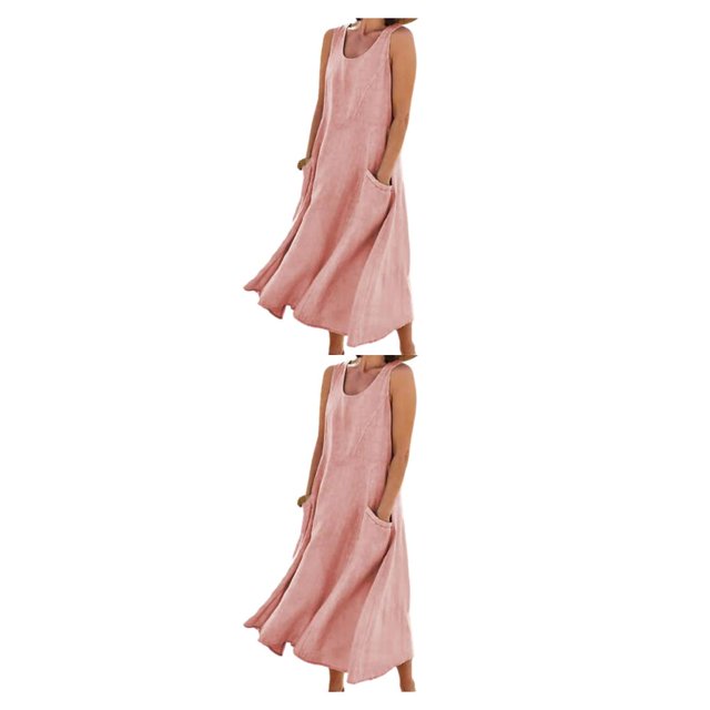 pitrice Robe d'Été en Coton et Lin pour Femmes Sans Manches Col Rond Style Boho Vintage Plage Couleur Unie Kaftan Ample Usage Quotidien Rose/TTTG 2ensemble