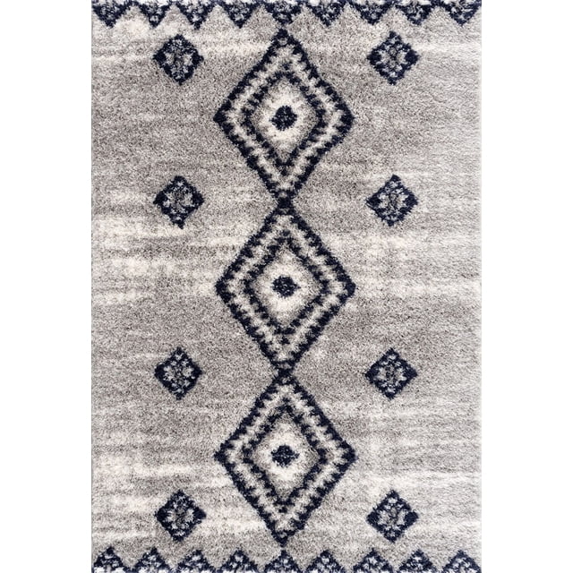 Rug Branch Retro Collection Modern Southwestern Area Rug in grey featuring a plush polyester shag surface with a vertical pattern of three large diamond shapes and smaller diamond accents, woven with durable fibers and jute backing to prevent slippage, suitable for high-traffic indoor areas.