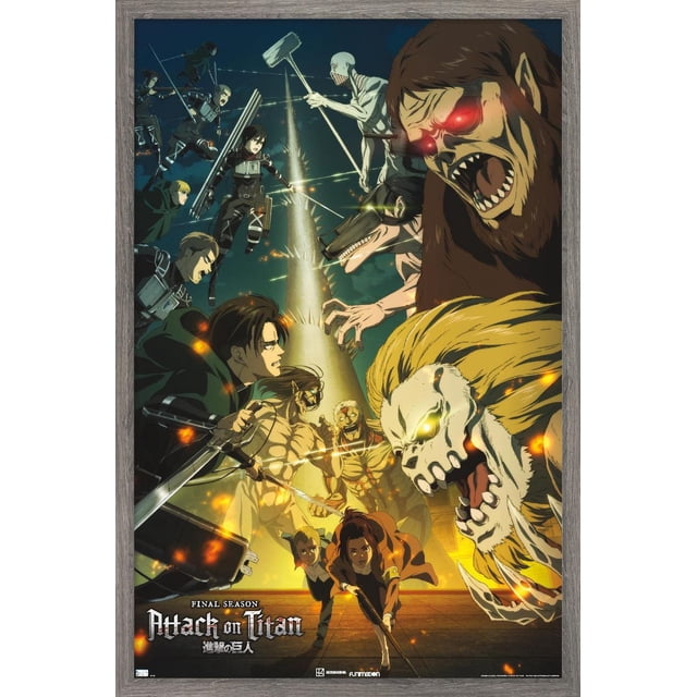 Attack on Titan : Saison 4 - Affiche Murale Key Visual 3 avec Cadre Magnétique, 22,375 Po x 34 Po Représentant des titans et des Personnages d'Anime aux Yeux Lumineux et aux Dents Tranchantes dans une Scène de Bataille Dramatique sous un Ciel Sombre et une Tour Centrale à Picots, Imprimée sur Papier Lustré et Encadrée en Bois, Convient comme art Mural Frappant et Déco de Pièce.