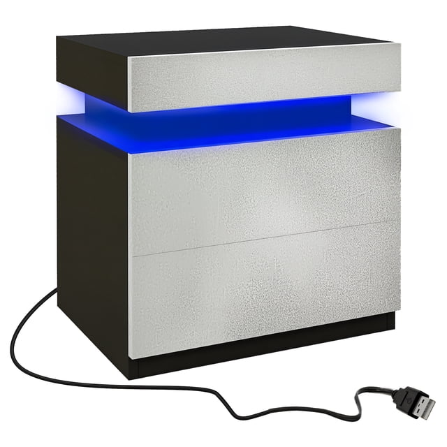 HOMCOM Table de Chevet, Table d'Appoint avec Lumières DEL en Gris Ciment, Conçue pour les Meubles de Chambre au Style Épuré et Moderne. Comprend Deux Tiroirs Spacieux et une Bande Lumineuse DEL Alimentée par USB Offrant 16 Couleurs et Quatre modes, Réglable via une Télécommande. Fabriquée en Panneau de Particules avec une surface Enduite de Mélamine pour un Nettoyage Facile. Convient comme Table d'Appoint de sofa Ou Petit Organisateur. Dimensions : 17,7 Pouces de Large, 13,8 Pouces de Profondeur et 20,5 Pouces de Hauteur.
