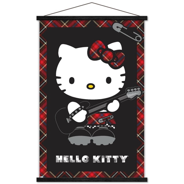 Hello Kitty - Affiche Murale Punk, 22,375 Po x 34 Po Mettant en Vedette Hello Kitty Tenant une Guitare Électrique Noire, Portant un Nœud à Carreaux Rouge et Noir et une Jupe avec Détails d'Épingle de Sécurité, Ensemble sur Fond Noir avec une Bordure à Carreaux Rouges et une Grande Épingle de Sécurité Grise dans le Coin Supérieur Droit, Convient à la Décoration Murale de Chambre Ou de Dortoir.