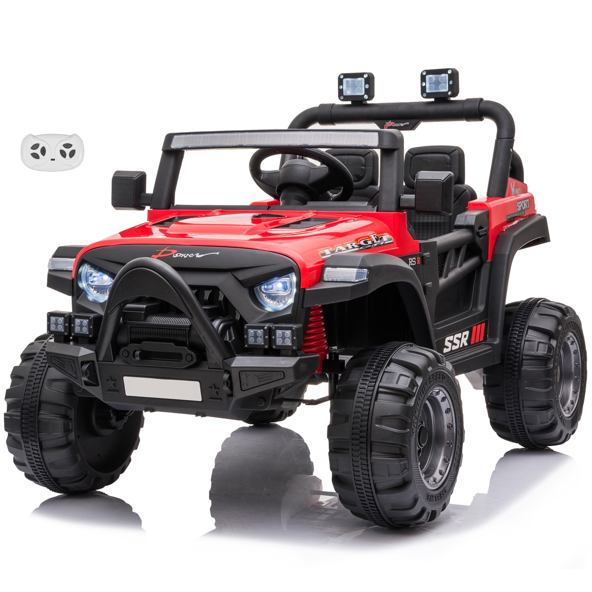 VOLTZ TOYS Jeep with Angry Face Grill 12V Kids Ride On Car Toy with Open Doors, Realistic Lights and Remote Control - Red