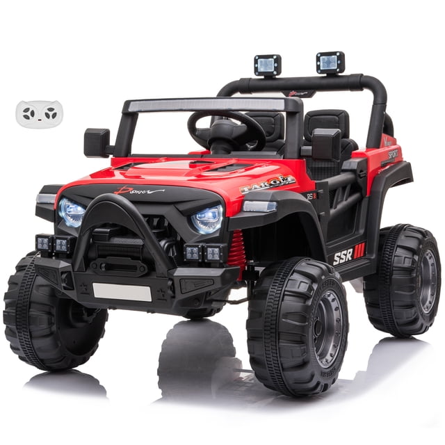 VOLTZ TOYS Jeep with Angry Face Grill 12V Kids Ride On Car Toy featuring a bold red design, openable doors, and rugged wheels. Includes realistic LED headlights, taillights, and a built-in MP3 player for entertainment. Powered by a 12V rechargeable battery, it offers speeds of 3–5 km/h and is suitable for children aged 1–5 years. Comes with a parental remote control for added safety and smooth rides on various surfaces.
