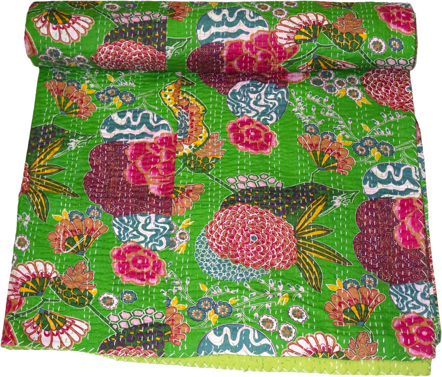 Courtepointe Kantha Indienne Faite à la Main à Imprimé Floral, Couvre-Lit, Couverture Format ( Très Grand 108 Pouces x 108 Pouces )