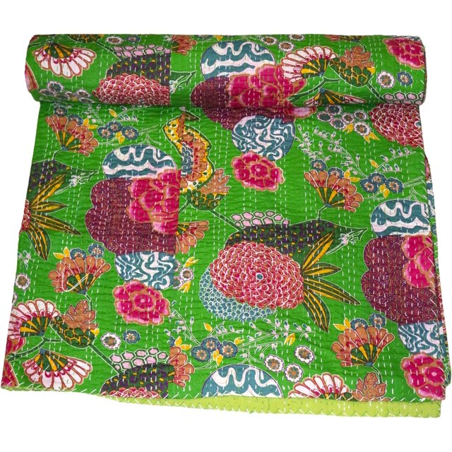 Indian Handmade Floral Print Kantha Quilt, Bedspread , Blanket Size ( King 108" x 108" )