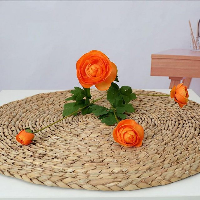 KUIZAP 60cm 5 Heads Artificial Ranunculus Flowers Floral Faux Peony Bouquet Wedding Home Decoration Simulation Artificial Flowers(Orange)