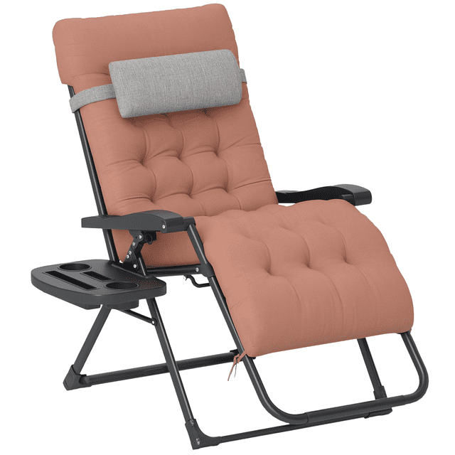 Outsunny Zero Gravity Chair Rembourré, Fauteuil Inclinable Pliant Kaki avec Coussin Capitonné Rembourré, Appuie-Tête Amovible et design Ergonomique Incurvé. Construit avec un Cadre en Acier Noir et un Tissu en Maille Respirant, Il Comprend un Plateau Porte-Gobelet pour Boissons et Accessoires. Pliable et portable, Idéal pour les patios Extérieurs, les Terrains de Camping Ou la Détente Intérieure.