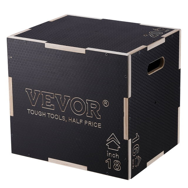 VEVOR 3 in 1 Plyometric Jump Box with adjustable heights of 20, 18, and 16 inches, made from durable multi-layer plywood with a black anti-slip honeycomb pattern surface. Features rounded edges for safety, portable handles for easy transport, and a weight capacity of 450 lbs. Ideal for strength training, step-ups, push-ups, and deep squats in home or commercial gyms.