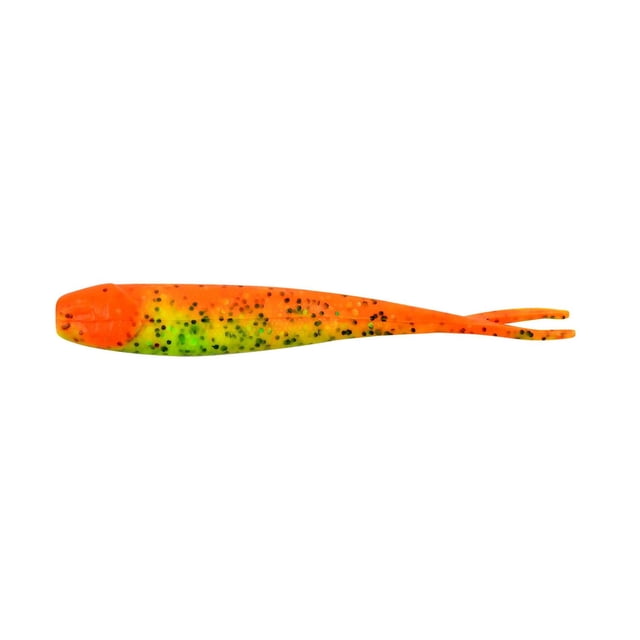 Berkley GMI3-FT Gulp! Minnow, 3", 12Pk, Firetiger soft biodegradable fishing bait in orange and yellow with black speckles, made from natural ingredients for 400x scent dispersion and longer durability, ideal for expanding the strike zone.