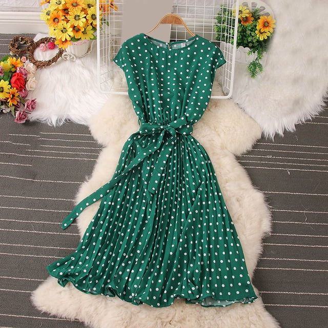 Robe d'Été pour Femmes 2024 Mode Grande Taille Jupe Mi-Longue Robe à Manches Courtes avec Pois Robe Plissée Rabais de 50 % Liquidation!