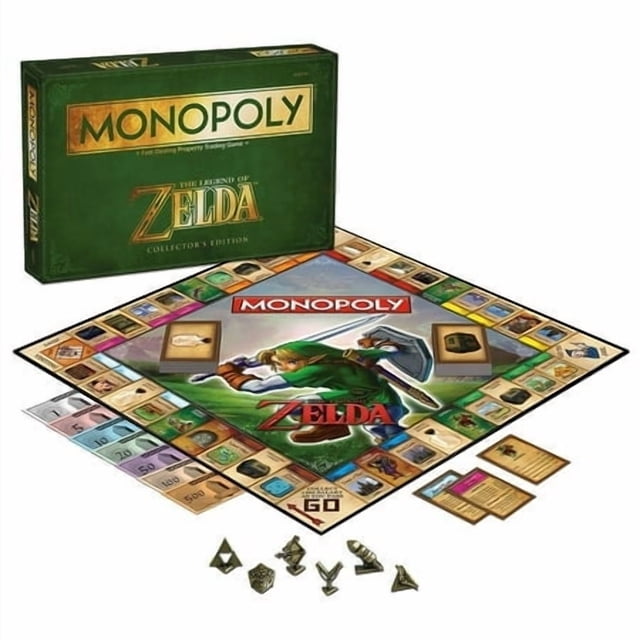 MONOPOLY : The Legend of Zelda Édition pour Collectionneurs Vue Frontale du Jeu de Société du Collectionneur en Boîte avec l'Art du Titre The Legend of Zelda et le crest central visible sur un Fond Neutre; Convient à l'Exposition sur Étagère par les Collectionneurs.