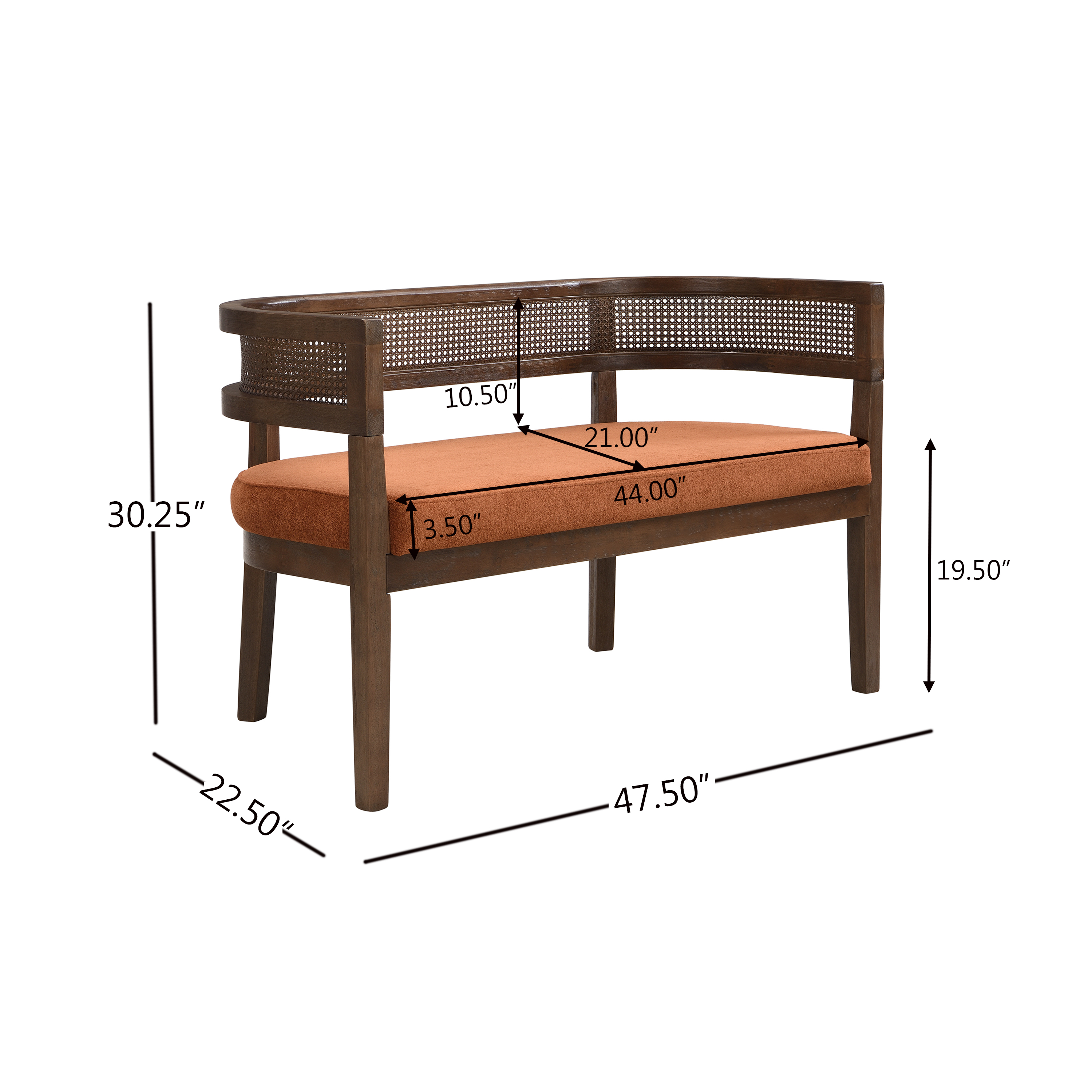 Noble House 47.5" Rattan Loveseat with Cushioned Seat,Hand-Woven Breathable Backrest,Natural Ash Frame & Beige Upholstery,Walnut+Dark Orange
