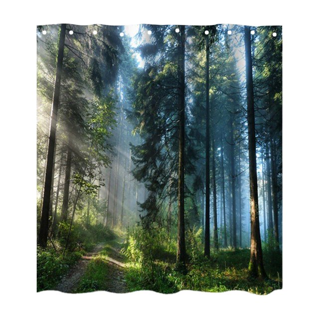 Rideaux de Douche en Tissu Polyester, Rideau de Douche Imprimé Numériquement pour Ferme Forestière. Ce Rideau de Douche 180x180 cm Présente une Peinture Numérique 3D Vibrante d'Une Scène Forestière Sereine avec la Lumière du Soleil Traversant de Hauts Arbres. Fait de Fibre de Polyester durable, Il Est Imperméable, Lisse et Facile à Nettoyer. Comprend des Crochets en Forme de C pour une installation et un Retrait Faciles, Convient à une Utilisation dans les Maisons, Hôtels, VR et gyms.