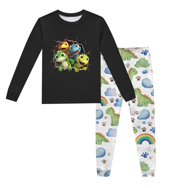 Pyjama Garçon Enfants Dinosaure Imprimé Col Rond Manches Longues Haut Pantalon Ensemble 2 Pcs Printemps Automne Ensemble de Pyjama Pyjama Bébé Noir 5 Ans-6 Ans