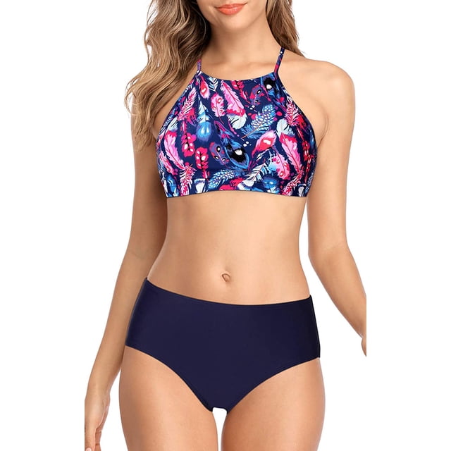 Charmo Womens Halter Bikini Swimsuits High Neck Two Piece Bathing Suit featuring a vibrant tribal feather print on the high-neck halter top with adjustable neck and back ties. The set includes a solid navy blue, smooth, and stretchy bottom designed for comfort and a flattering fit. Made from 82% nylon and 18% spandex, this bikini set is elastic and wire-free with removable soft push-up bra pads. Ideal for beach vacations, pool swimming, or tropical getaways.