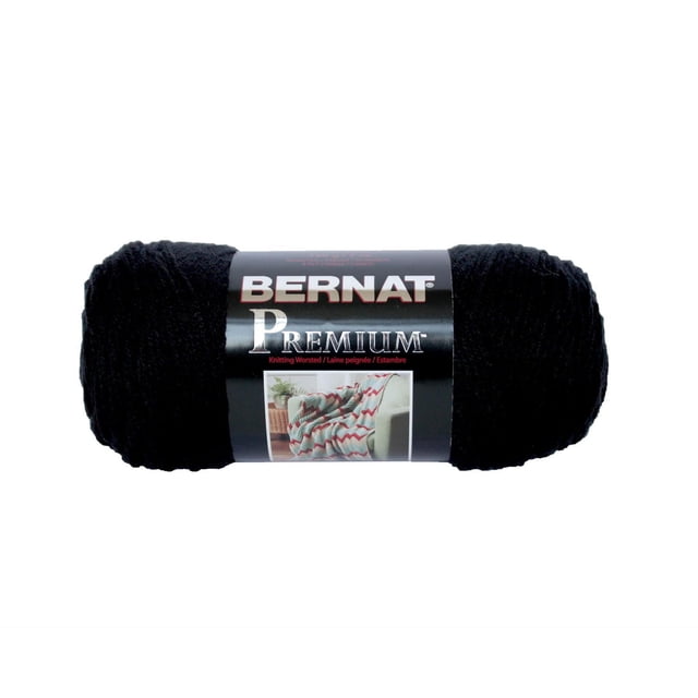 Bernat® Premium TM Fil, Acrylique #4 Moyen, 7oz/198g, 360 Yards en Noir, un Écheveau de Fil Acrylique de Poids Moyen Bien Enroulé avec une Étiquette Noire Présentant le logo Bernat Premium et une image d'Un afghan Tricoté, Convient aux Projets de Tricot et de crochet Incluant des Vêtements et la Déco Maison.