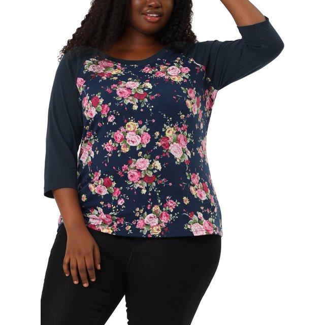 Agnes Orinda Women's Plus Size 3/4 Raglan Sleeve Floral Contrast Color Blouse 4X Navy Blue