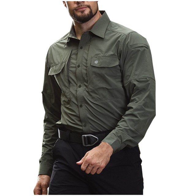 RXIRUCGD Blouse pour Homme, Mode Décontractée, Couleur Unie, Boutons, Poches, Manches Longues, Col Rabattu, Vert, Taille : M