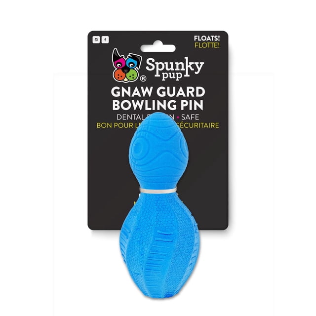 Gnaw Guard Foam Bowling Pin Dog Toy by Spunky Pup, a blue textured foam chew toy shaped like a bowling pin, designed for dental health and safe chewing, shown attached to black branded packaging with white and yellow text, suitable for outdoor play and floating in water.