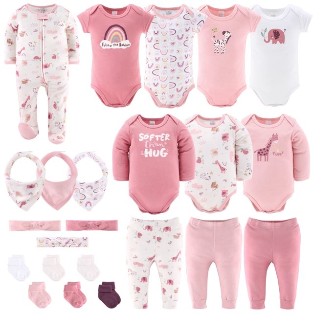 The Peanutshell Layette Gift Set for Baby Girls, Safari Rainbow, 23 Essential Pieces, 12-18 Months, Pink