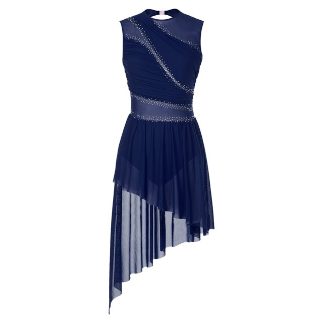 RUNQHUI Costume de Danse Lyrique pour Femmes Robe de Patinage Sans Manches en Chiffon Fluide Bas Justaucorps Bleu Marine S