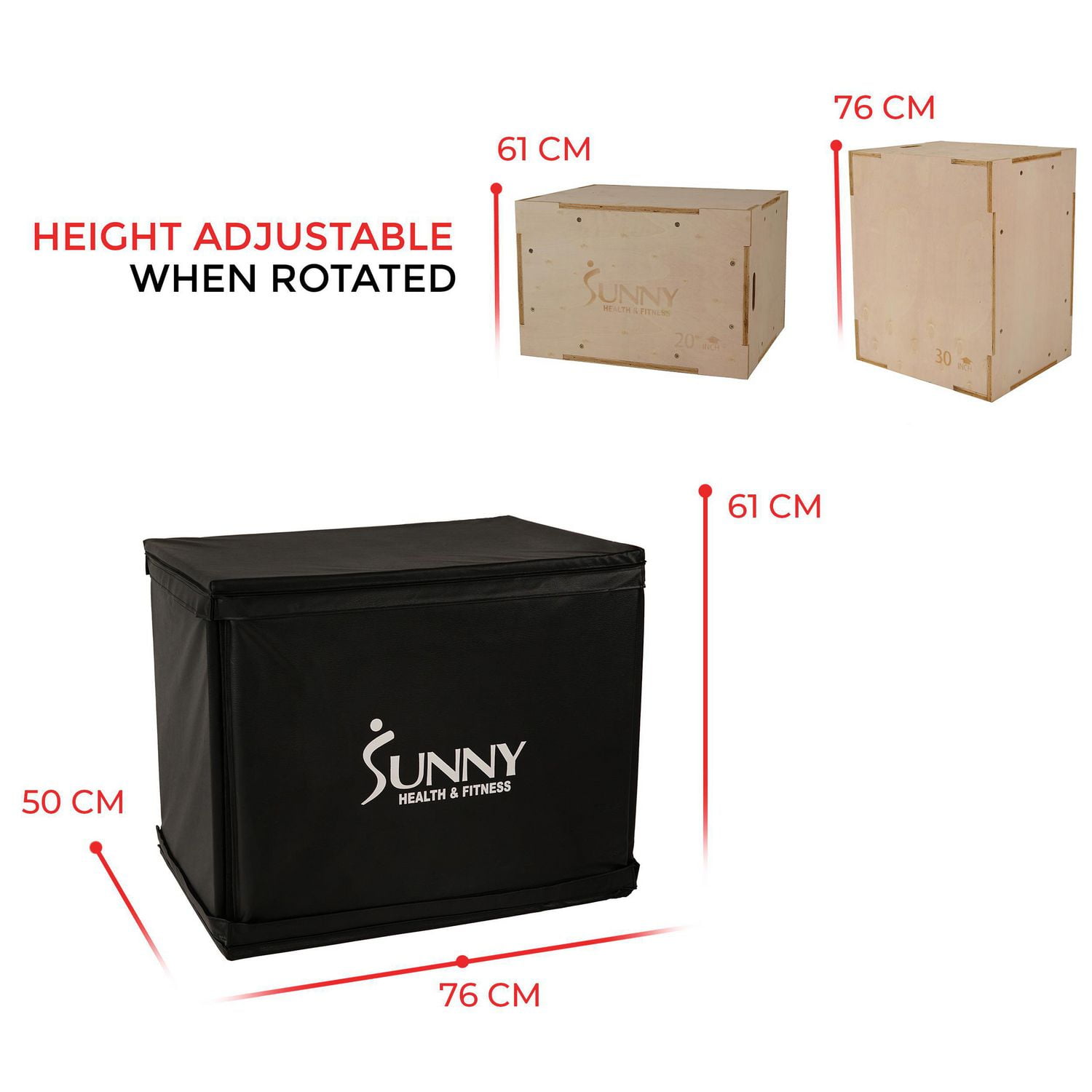 Boîte Plyo en bois Sunny Health & Fitness avec couvercle en mousse amovible, capacité de poids de 227 kg et réglage de la hauteur 3 en 1 - 76 cm / 61 cm / 51