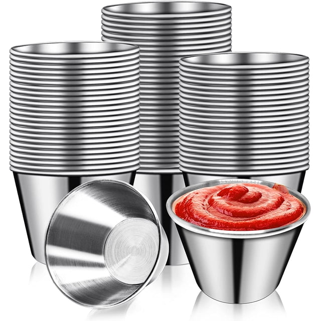 Lot de 50 Coupelles à Sauce en Acier Inoxydable 2,5 Oz, 2,5 Oz Ramequins Ronds Individuels pour Condiments Petits Ramequins Métalliques Réutilisables Mini Coupelles à Trempette Coupelles à Condiments Métalliques Cuisine Vinaigre Beurre Ketchup