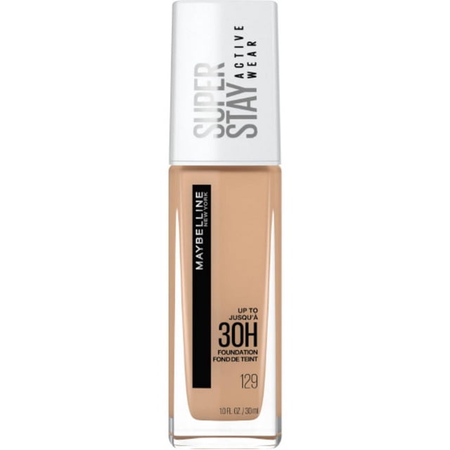 Maybelline New York Super Stay® Full Coverage Foundation 30 ml in shade 129, a clear rectangular glass bottle with beige liquid foundation and a white cap labeled 'Super Stay Active Wear,' offering up to 30-hour wear and full coverage for a flawless makeup finish.
