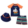 thumbnail image 1 of PMVFHDE Toddler Boys' 3-Piece Swimsuit Set - Short Sleeve Rash Guard + Elastic Waist Trunks & Swim Cap, Quick-Dry Breathable Sun Protection for Beach/Pool Orange-B,12-24 Months, 1 of 7