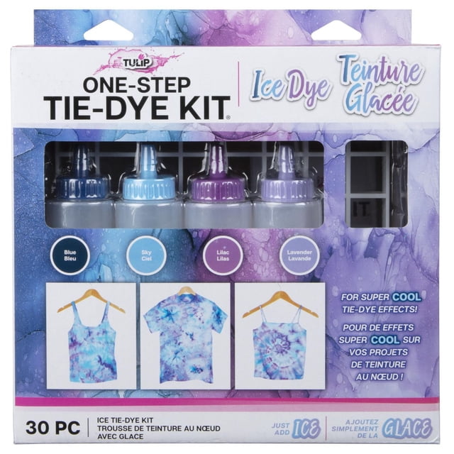 Tulip Trousse de Teinture sur Glace Teinture sur Nœuds en une Étape avec Quatre Bouteilles de Teinture de 2,75 Oz en Bleu, Ciel, Lilas et Lavande, Incluant Grille de Teinture sur Glace, Élastiques, Gants et guide, Conçue pour les Trousses d'Artisanat pour Enfants pour Créer des Effets de Vêtements Teinture sur Nœuds Style Aquarelle Vibrants en Ajoutant de la Glace et en la Laissant Fondre.
