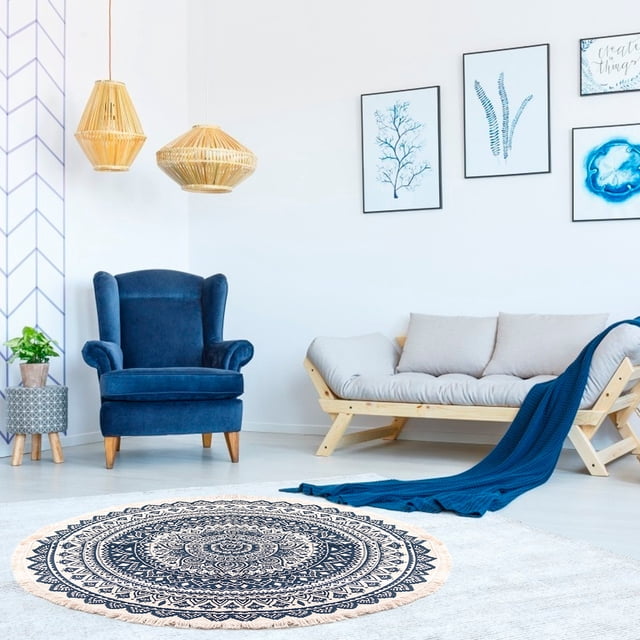 Round Area Rug 3' Diameter with Tassels Bohemian Washable Chic Bohemian Mandala Hand Woven Round Rugs, Non-Slip Soft Floor Carpet for Living Room Bedroom Nursery Decor