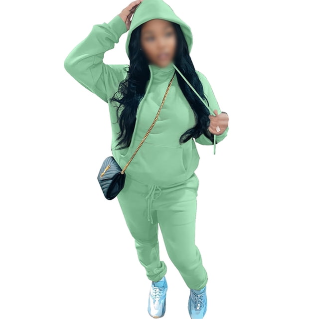 MAWCLOS Ladies Two Piece Outfit Drawstring Tracksuit Sets Long Sleeve Jogger Set Straight Leg Sports Hooded Neck Sweatsuits Mint Green XL