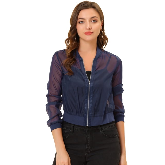 INSPIRE CHIC Blouson Bomber à Manches Longues Transparent à Fermeture Éclair pour Femme Bleu TG