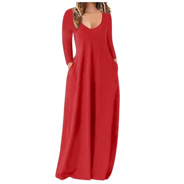 Robes Longues d'Automne pour Femmes Grande Taille avec Poches Manches Longues Col Rond Froncé Robe Maxi Droite Unie
