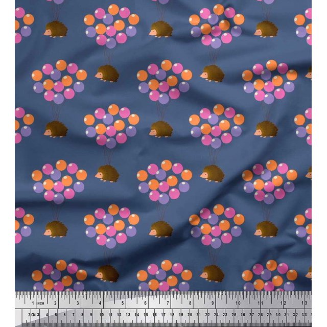 Soimoi Poly Crepe Fabric Balloon & Hedgehog Kids Print Sewing Fabric Yard 52 Inch Wide