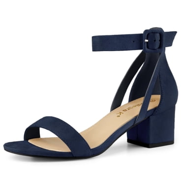 BLISSFUL STEP Sandales à Talon Épais pour Femmes avec Bride à la Cheville Bleu Marine 7,5
